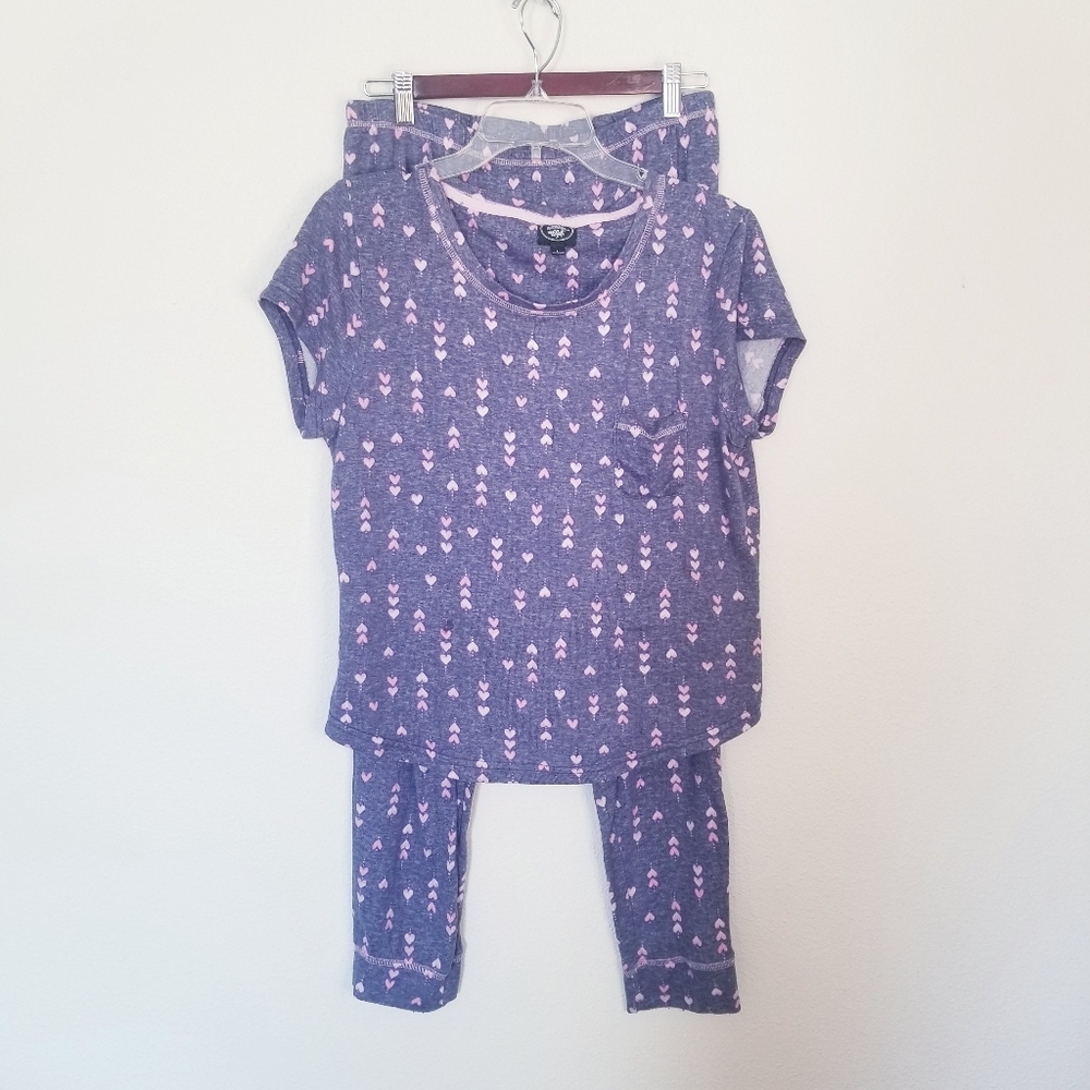 Laura Ashley 2-piece PJ Set Blue Pink Hearts Short Sleeve Top Jogger Pants